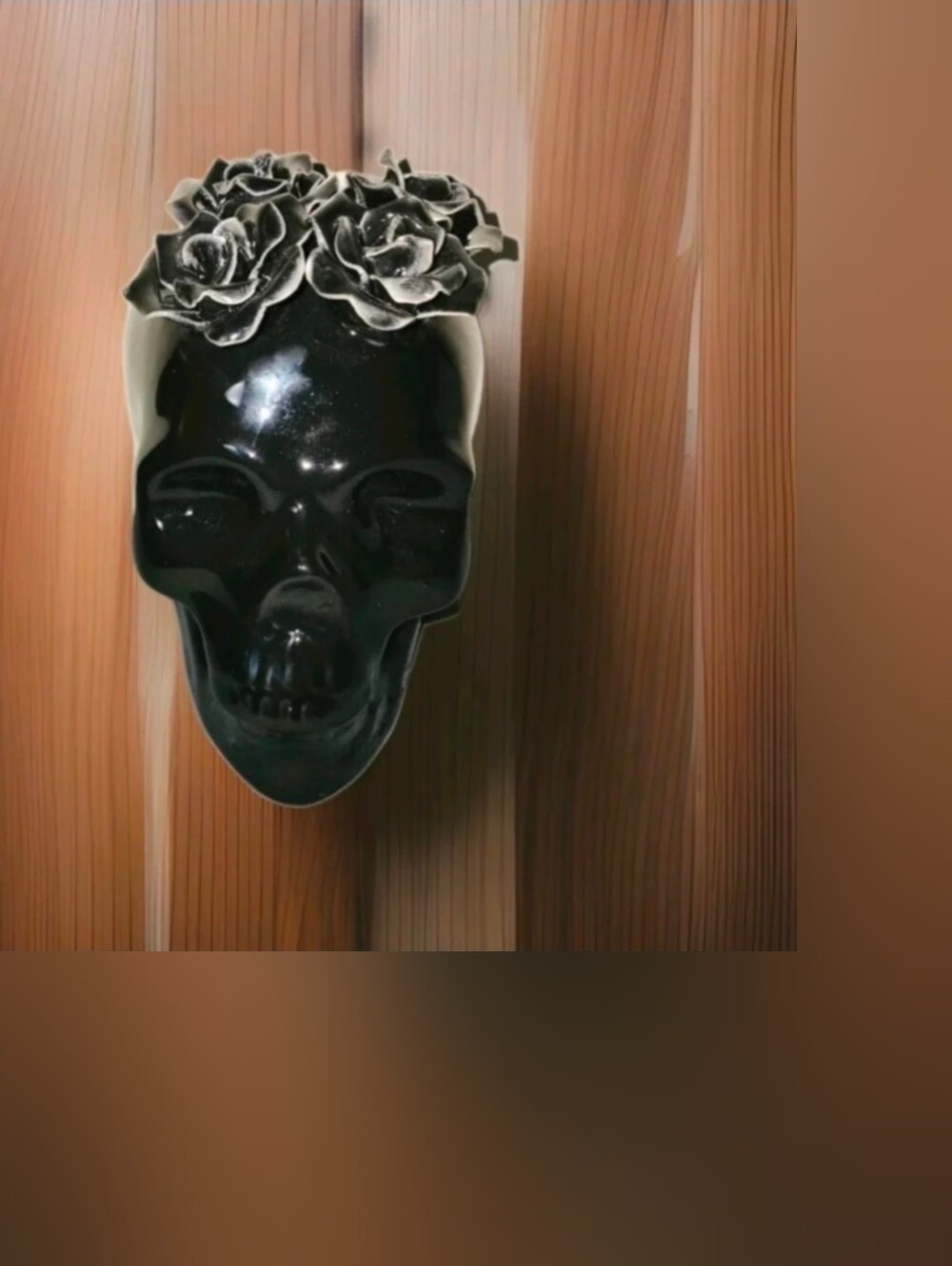 Ceramic Black Shiny Midnight Black SKULL with Roses on top of the head Flowers